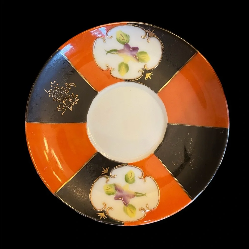 UCAGCO Vintage Footed Demitasse Cup Saucer Set Hand Painted Japan Orange Black